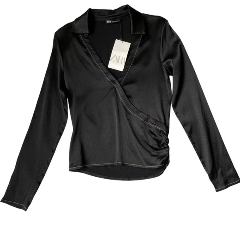 ZARA Black Satin Blouse‎ Top Shirt Women Size S Faux Wrap Ruched Long Sleeve NWT